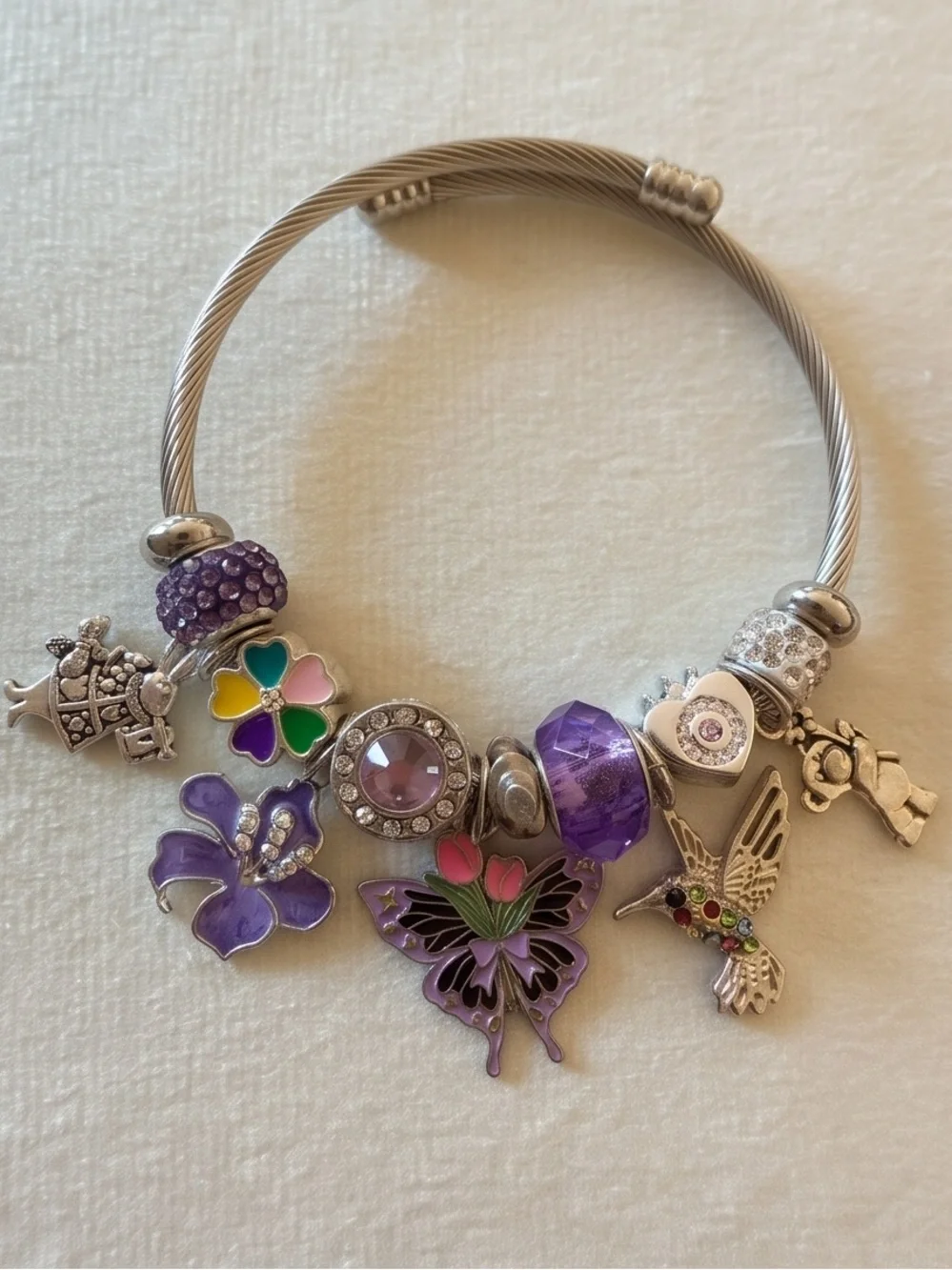 Silver Butterfly Charm Bracelet with Purple Crystal Bead